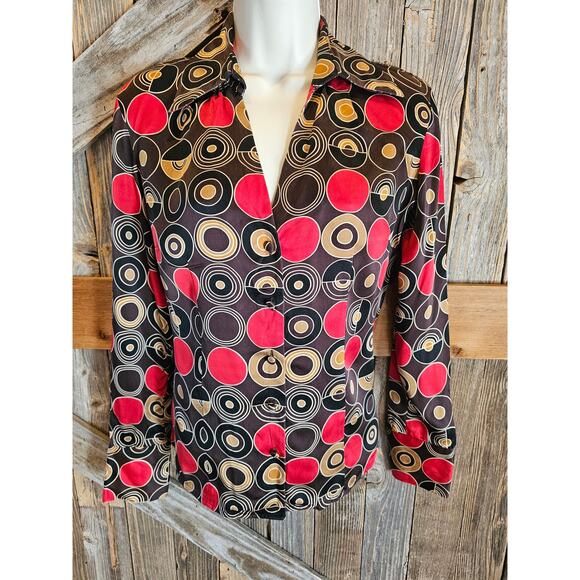 Ann Taylor 100% silk geometric button up business career casual size 4 EUC top ^ - Picture 1 of 8